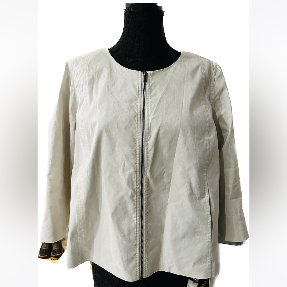 Eileen Fisher 3/4 Sleeve Ponte Collarless Blazer Full Zip Lined Silk Ble…